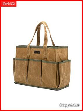 16oz Waxed Canvas Tool Tote Bag with 10 Pockets, Large Tool Storage, Garden &